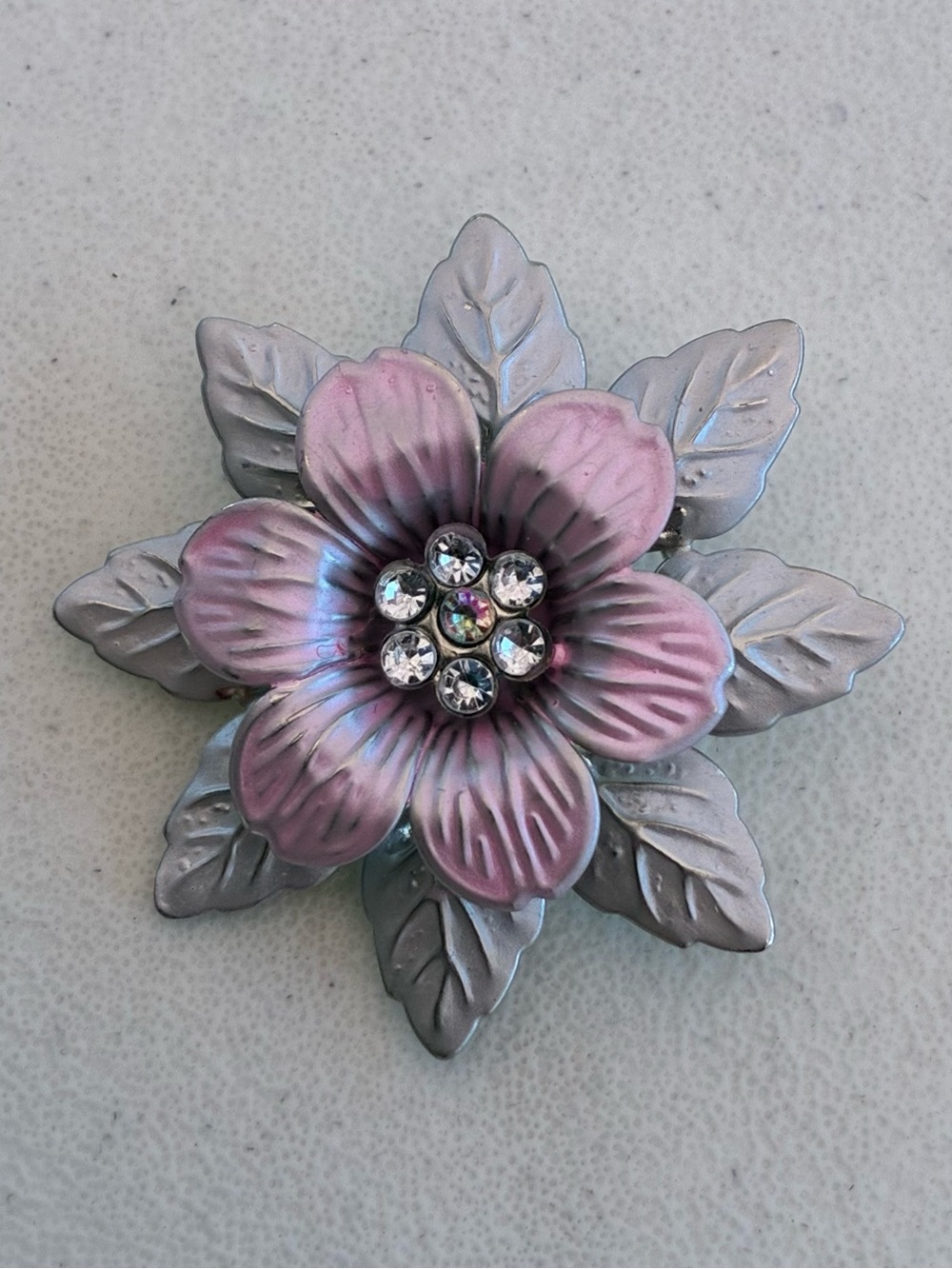 Silver & Pink Floral Rhinestone Brooch